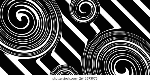 Line art optical art. Psychedelic background. Monochrome background. Optical illusion style. Black dark background. Modern pattern. Abstract graphic texture. Graphic ornament. Vector template