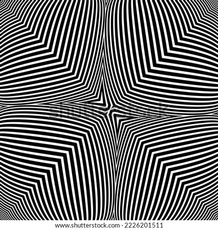 Line art optical art. Psychedelic background. Monochrome background. Optical illusion style. Black dark background. Modern pattern. Abstract graphic texture