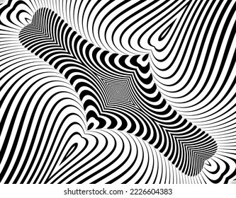 Arte de línea óptico .Diseño de onda en blanco y negro. Imagen de patrón digital con rayas psicodélicas. Base argenta para sitio web, impresión, base para banners, fondos de pantalla, tarjetas de visita, folleto.