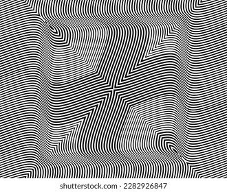  Optische Line-Art .Wave Design Schwarz-Weiß. Digitales Bild mit psychedelischen Streifen. Basis für Website, Druck, Basis für Banner, Wallpaper, Visitenkarten, Broschüren, Banner