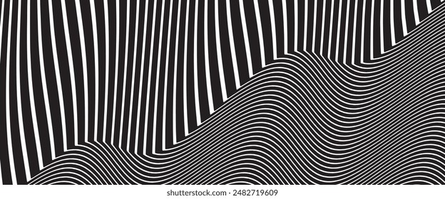 Line Art optisch .Wave Design schwarz und weiß. Digitales Bild mit psychedelischen Streifen. Argentumfuß für Website, Druck, Basis für Banner, Bildschirmhintergrund, Visitenkarten, Broschüre, Banner