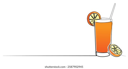 Line art of orange juice drink. Fresh orange juice drawn in one orange line. Isolated on a white background