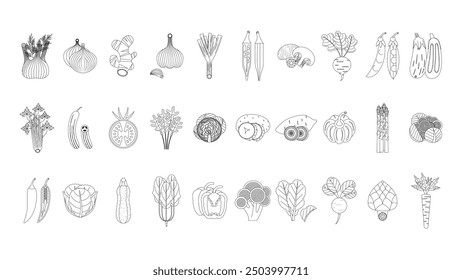 Line Art Organic Vegetables Collection, Natural Healthy Vector Green Food