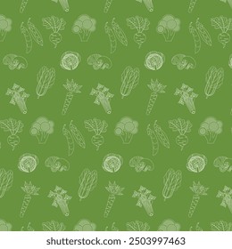 Line art organic vegetables seamless pattern, natural healthy vector green food