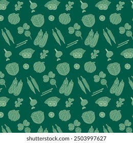 Line art organic vegetables seamless pattern, natural healthy vector green food