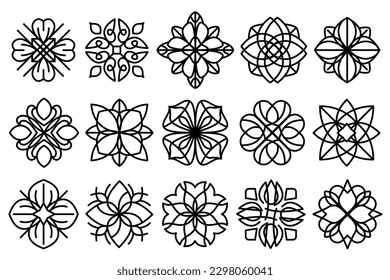 Line art ornamental flowers set. Collection of elegant, luxury flowers with black contour.