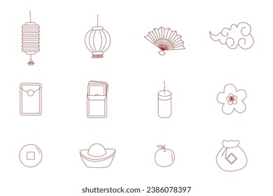 Line art ornaments collection for chinese new year celebration. Chinese New Years decorations, flowers, lanterns, clouds, elements and icons