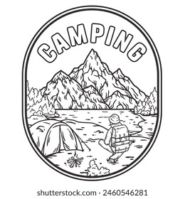 Line art outdoor adventure, featuring a camper beside a tent with mountains in the background, encapsulated in a badge with the word camping.