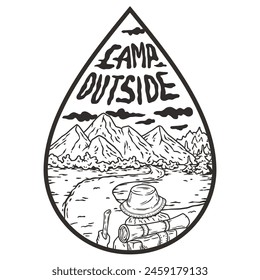Line art outdoor adventures, featuring mountains, camping gear, and the phrase camp outside within a drop shape, ideal for nature enthusiasts.