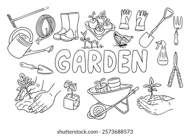 Line art outline illustration of gardening tools, plants, word garden, with elements like gloves, trowels, watering can, seedlings, and a wheelbarrow, ideal for coloring books or educational designs.