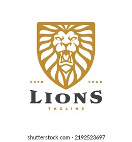 Line Art Outline Lion Head Shield Logo Design. Lion Crest Vector Icon