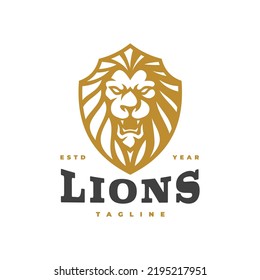 Line Art Outline Lion Head Shield Logo Design. Lion Crest Vector Icon