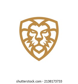 Line Art Outline Logo Design Of Lion Face And Shield. Lion Heraldry Crest Vector Icon