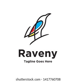 line art outline raven bird logo icon vector template