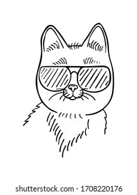 Line art outline vector drawing illustration sketch of a cute cat with glasses isolated on white background.