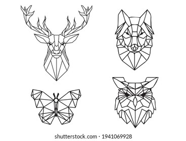 Line art of owl, moose, butterfly, wolf