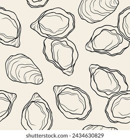 Line art oysters seamless pattern. Seafood illustration