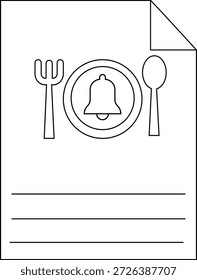 Line art of a page with a fork spoon a plate containing a bell symbol and text lines at the bottom