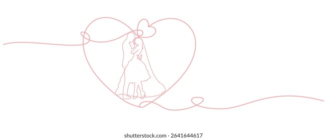 line art of a pair of newlyweds with love decorations