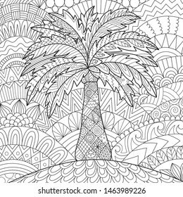 Line art of palm tree on island for printing of stuffs and adult coloring book. Vector illustration