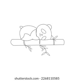 The line art of panda sleeping on a bamboo for drawing. The flat Vector Design 