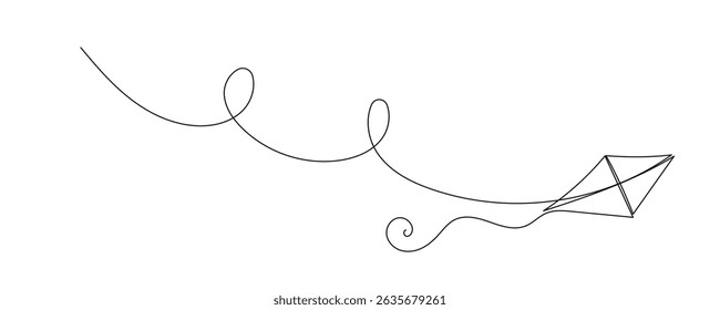 Line Art Paper Kite. Abstract Minimalist One Continuous Editable Stroke. Mail, News Concept. Sketch Outline Modern Curve Contour Drawn Symbol Silhouette. Kids Playing Toy