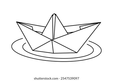 Line art paper ship or boat with waves. Simple outline contour drawing paper boat with waves. Origami, ship design inspiration. Minimalist design sketch. Nautical theme, black outline.