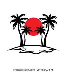 line art paradise beach logo with palm trees, island vector illustration minimalist template design, logo vector illustration design paradise adventure logo design for t-shirt