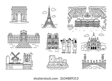 Line art of Paris sights: Eiffel Tower, Notre Dame, Louvre, bridges, and tourists in black lines.