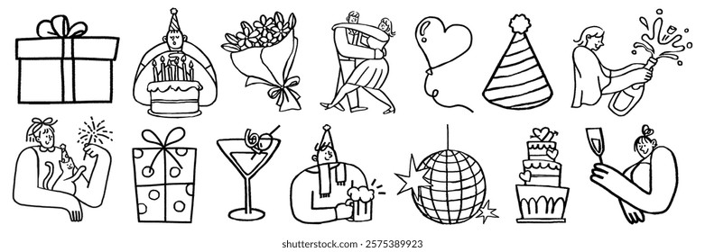 Line art of party elements: gifts, cake, balloons, and party hats. Celebratory theme with gifts, cake, and balloons. Festive and joyful party illustrations. Party elements vector set.