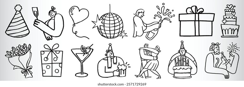 Line art of party icons: hats, gifts, balloons, drinks, cake. Celebration, party, and fun depicted in simple, festive line drawings. Party theme repeated. Party elements vector set.