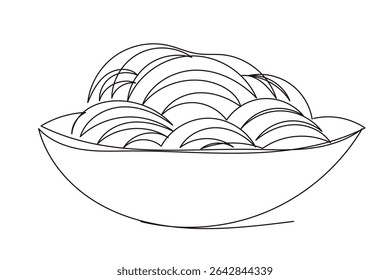 Line Art Pasta Spaghettis Plate Food Illustration. One Continuous Outline Wavy Contour Drawing. Stroke Modern Doodle Food Symbol Icon. Cafe Menu Card Invitation Sketch Contour Design Element.