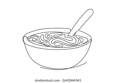 Line Art Pasta Spaghettis Plate Food Illustration. One Continuous Outline Wavy Contour Drawing. Stroke Modern Doodle Food Symbol Icon. Cafe Menu Card Invitation Sketch Contour Design Element.