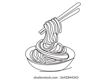 Line Art Pasta Spaghettis Plate Food Illustration. One Continuous Outline Wavy Contour Drawing. Stroke Modern Doodle Food Symbol Icon. Cafe Menu Card Invitation Sketch Contour Design Element.