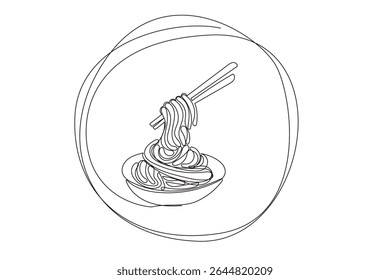 Line Art Pasta Spaghettis Plate Food Illustration. One Continuous Outline Wavy Contour Drawing. Stroke Modern Doodle Food Symbol Icon. Cafe Menu Card Invitation Sketch Contour Design Element