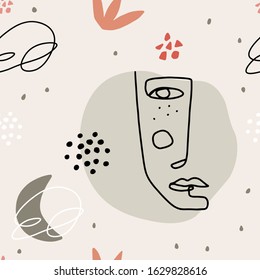 Line art pattern with abstract face, contemporary portrait. Trendy minimalist vector pattern background. Digital paper design for textile prints, fabric, wrapping and fashion.