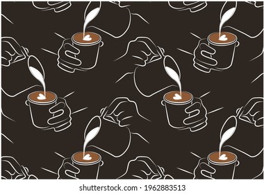 Line art pattern of barista making a coffee with milk on brown background. Chalk drawing hands, cup of coffee, mug of cappuccino, latte art. Wallpaper for cafe menu, packaging. Vector illustration