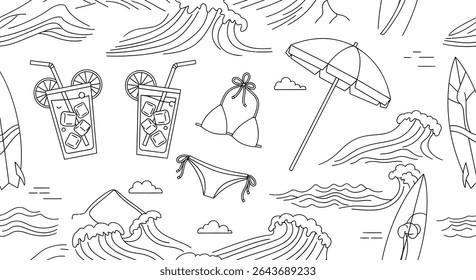 Line art pattern featuring drinks with ice, waves, surfboards, swimwear, and beach umbrella, creating a summer beach scene.