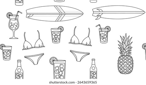 Line art pattern featuring surfboards, bikini swimwear, various drinks with ice, a pineapple, and a bottle. Summer vacation theme.