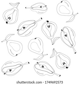 line art pattern of pear vector illustration pear stroke icons, fruits icons on white background, isolated. Black white vector illustration. Vegetarian healthy food. Organic fruit. Flat icon.
