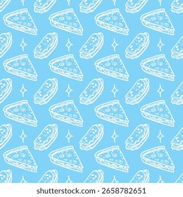 Strichmuster aus Pizzaschnitten und Tacos mit Sternen auf hellblauem Hintergrund.