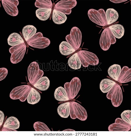 line art pattern vector embroidery butterfly moth branches hearts black background