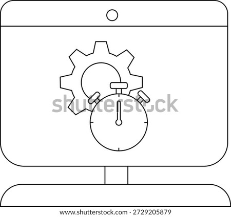 A line art PC display showing a gear behind a clock