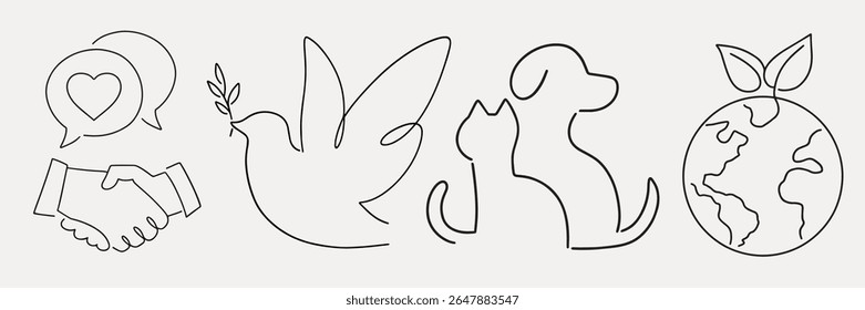 Line art of peace symbols: handshake, dove, cat, dog, and earth. Peace dove, peace handshake, and earth emphasize harmony and unity. Minimalist peace icons. Isolated animal vector set.
