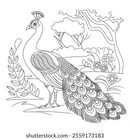 
A line art peacock of a coloring page