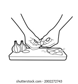 line art peeling garlic in cutting board