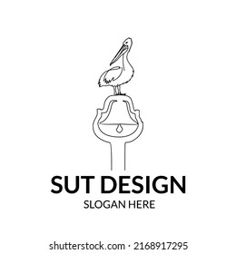 line art pelican perched on a bell