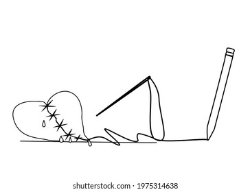 Line art of pen ,Broken heart was cut and sewed by thread and needle .Sadness,Feeling sorry for broken heart. Copy space, for your text. Vector illustration.