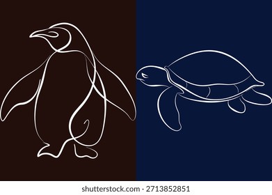 Arte lineal de pingüino y tortuga