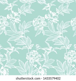Line art peonies, buds and leaves. Vector floral seamless pattern. Detailed outline sketch drawing. Contour graphic, etching technique. Vintage background with beautiful flowers for textile, fabric.